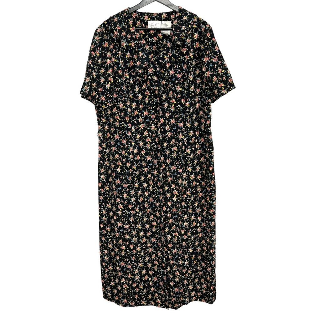 Vintage 90s Black Multicolor Floral Print Short Sleeve Full Length Dress Size 16